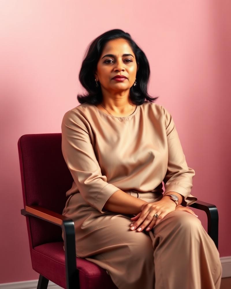 Composed woman sitting peacefully, centered and reflective