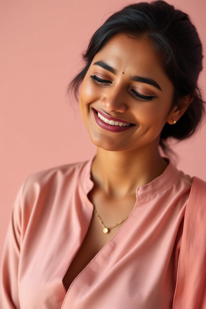 Woman smiling softly, calm and emotionally aligned